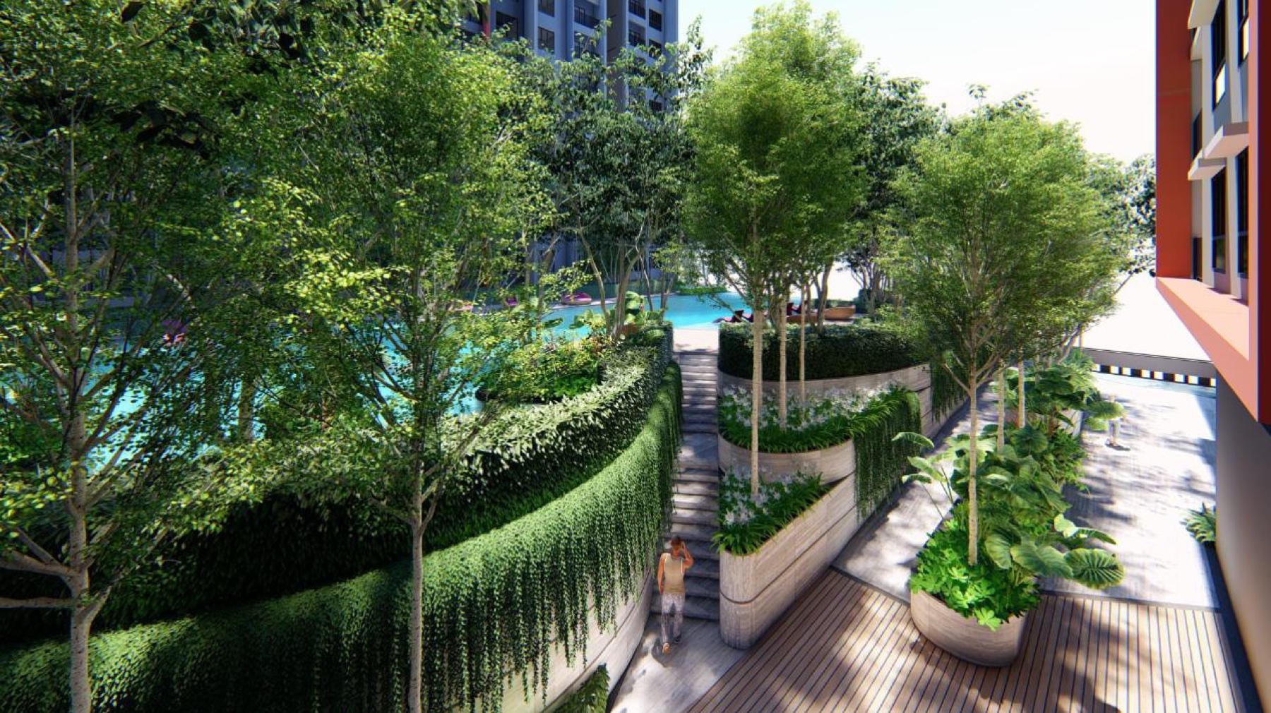 SENA Residences podium pool deck with layered planting and lounge areas