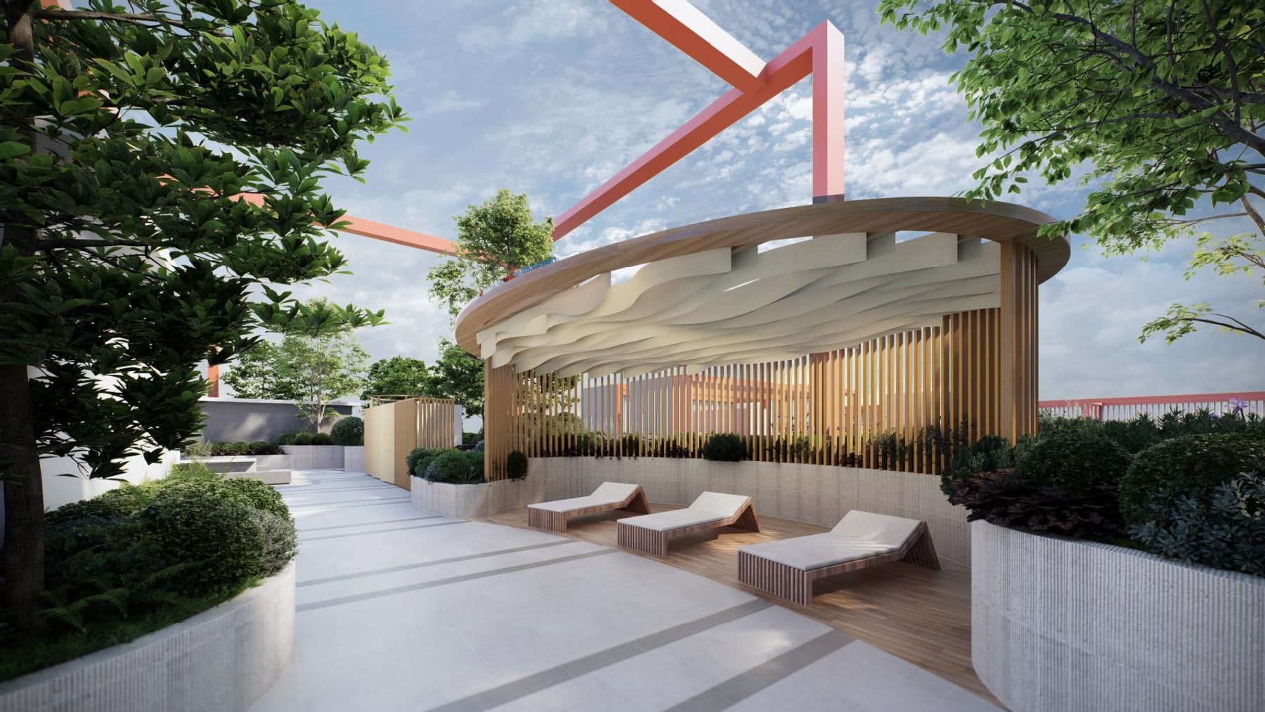 SENA Residences rooftop sunbed lounge with shaded seating and planted edges