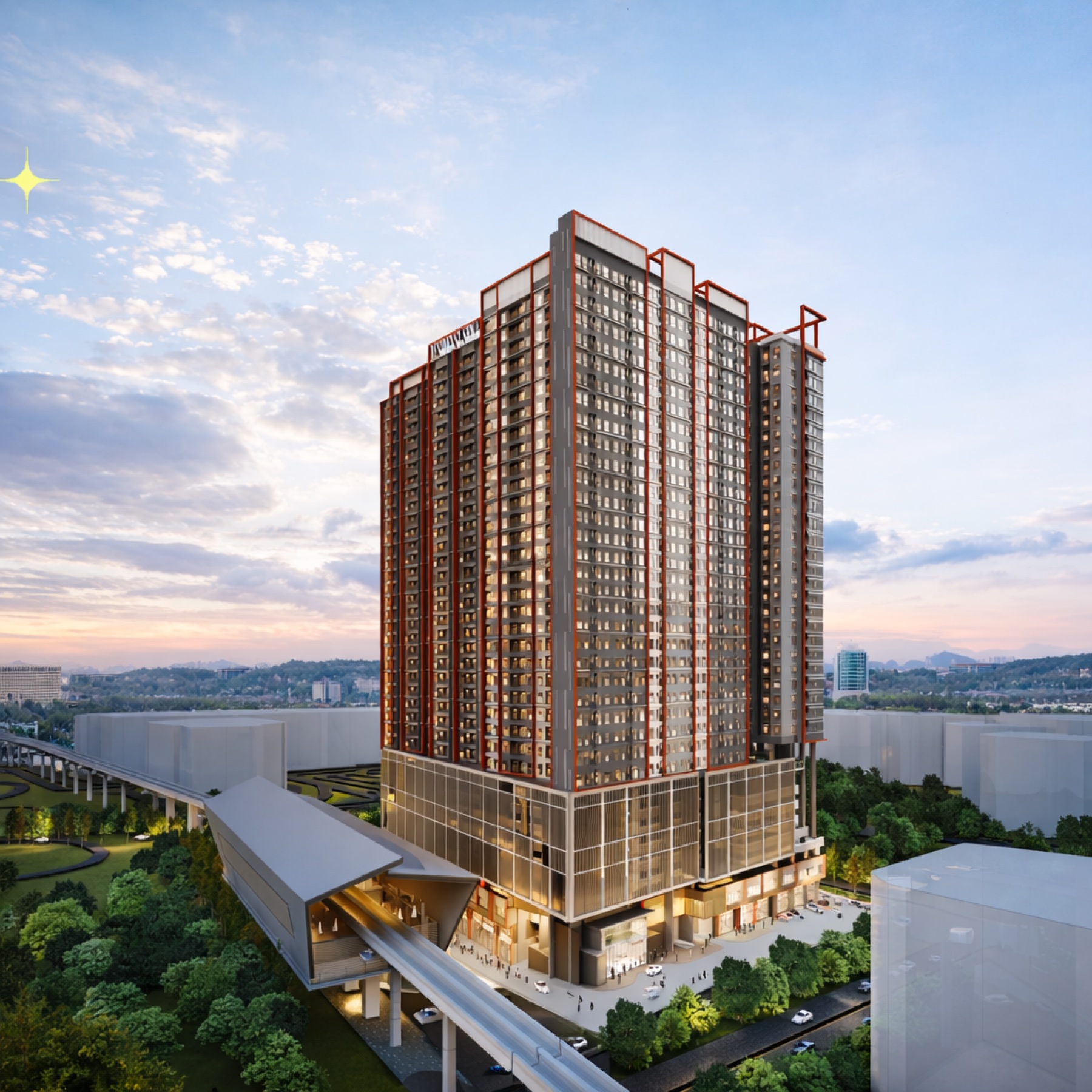 SENA Residences facade beside LRT infrastructure