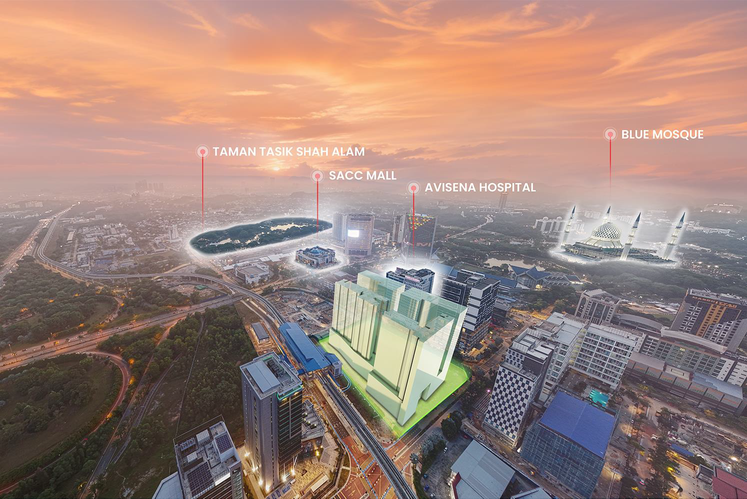 Aerial location context with nearby Shah Alam landmarks