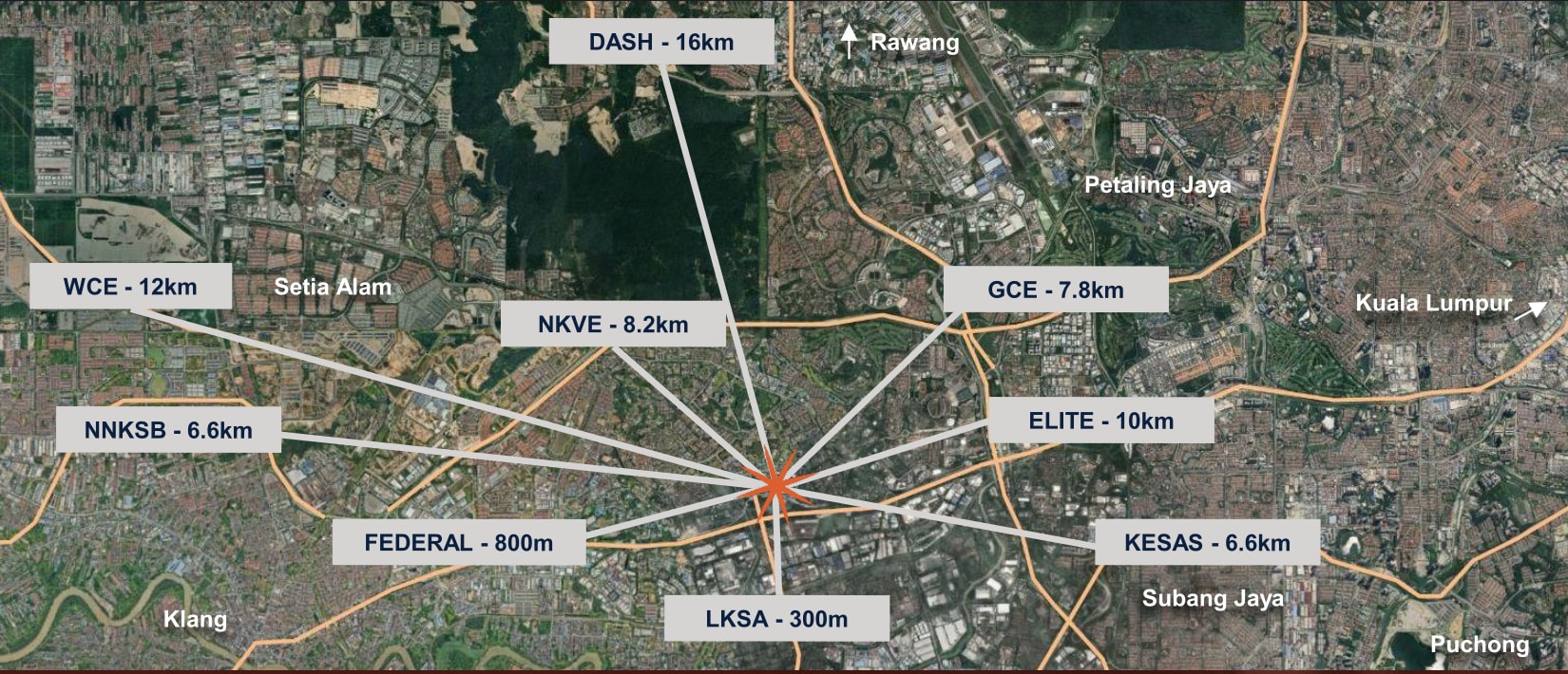 Regional highway satellite map showing LKSA, Federal Highway, NNKSB, KESAS, GCE, NKVE, ELITE, WCE and DASH access from SENA Residences