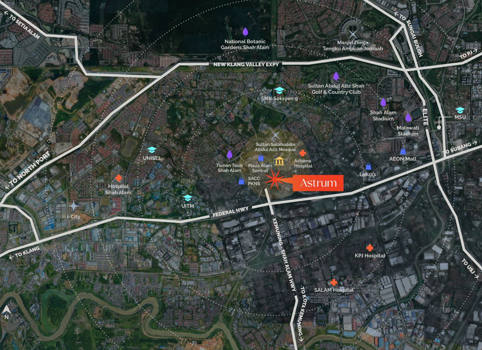 Satellite accessibility map for SENA Residences with nearby amenities and roads